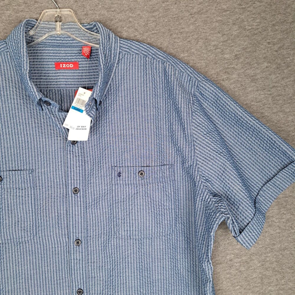 IZOD Men's Short Sleeve Sandy Bay Seersucker Shirt XL Estate Blue Stripe NWT